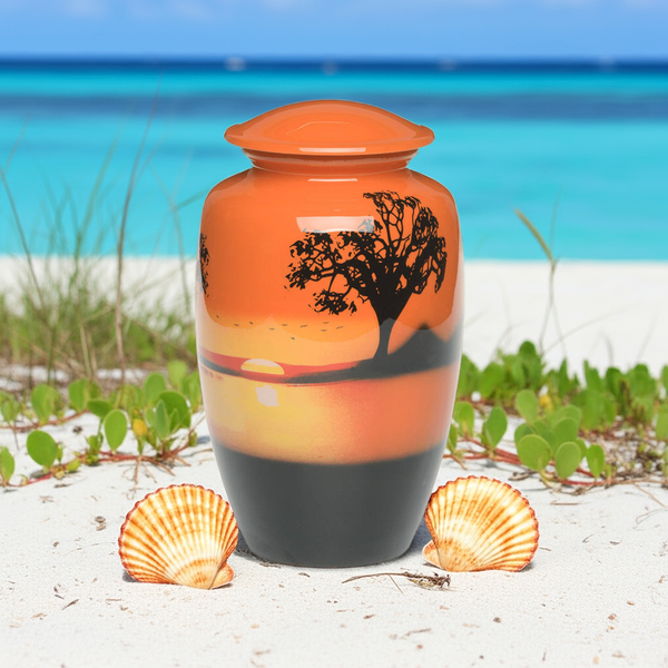 Adult Cremation Urn For Human Ashes - Red and Orange Brass Cremation Urn With Sunset Design - Adult Size - Red and Orange - 220 cu. in.