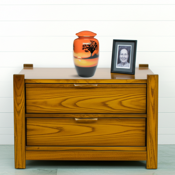 Adult Cremation Urn For Human Ashes - Red and Orange Brass Cremation Urn With Sunset Design - Adult Size - Red and Orange - 220 cu. in.