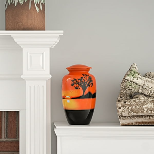Adult Cremation Urn For Human Ashes - Red and Orange Brass Cremation Urn With Sunset Design - Adult Size - Red and Orange - 220 cu. in.