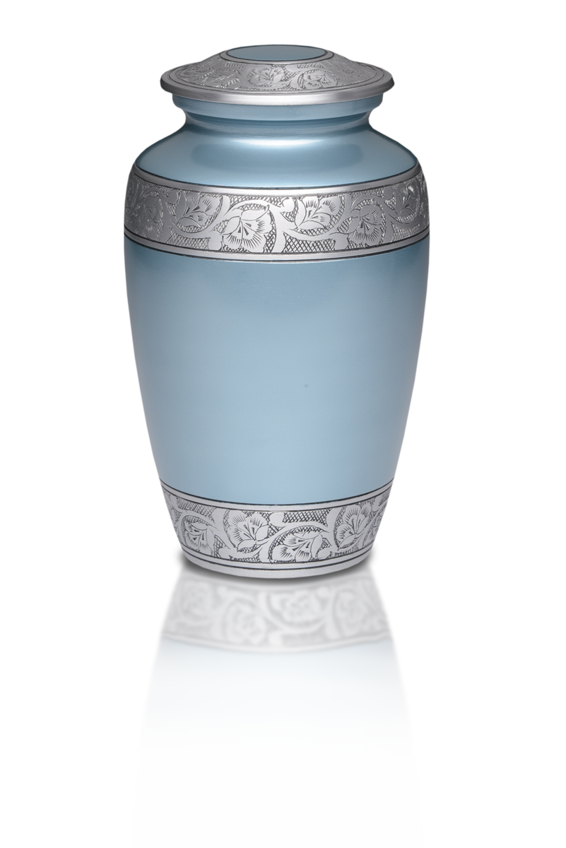 HLC Royal Silver Cremation Urn For Human Ashes - Handcrafted Adult Funeral Urn, Cloud Blue Birds Design, 10.5x6 Inches