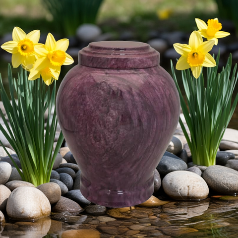 Adult Cremation Urn For Human Ashes - Natural Marble Cremation Urn With Purple Elegant Design - Adult Size - 220 cu. in.