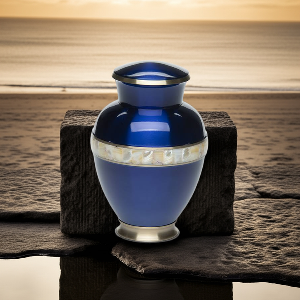 Adult Cremation Urn For Human Ashes - Sapphire Blue Brass Cremation Urn With Mother of Pearl Band - Adult Size - Sapphire Blue - 200 cu. in.
