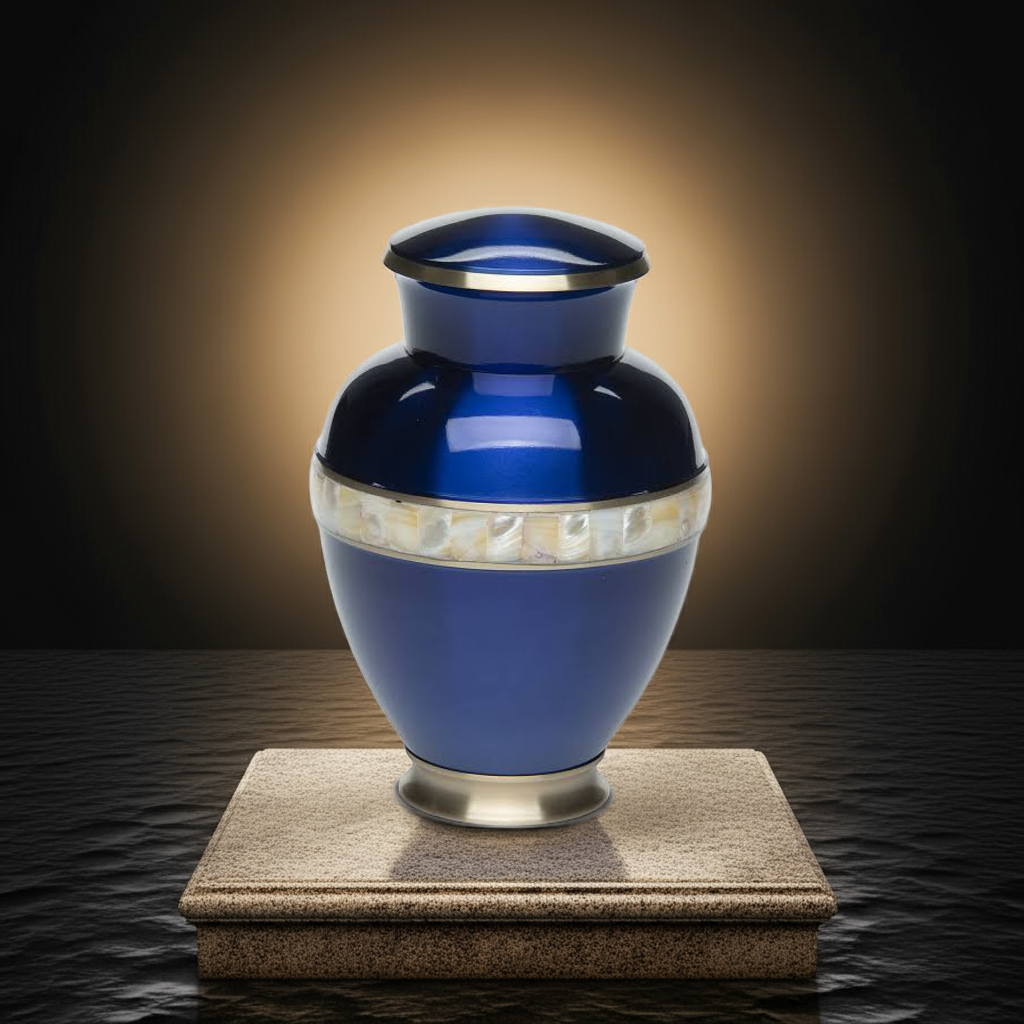 Adult Cremation Urn For Human Ashes - Sapphire Blue Brass Cremation Urn With Mother of Pearl Band - Adult Size - Sapphire Blue - 200 cu. in.