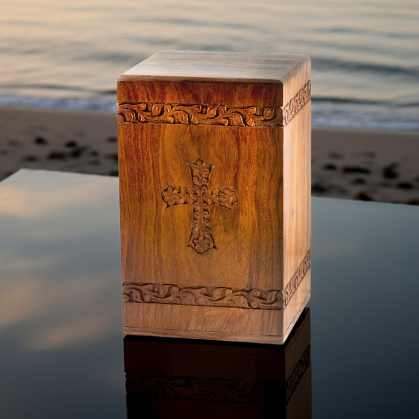 Adult Cremation Urn For Human Ashes - Solid Rosewood Cremation Urn With Cross Design - Wood Urn, Handmade, Adult - 240 cu. in.
