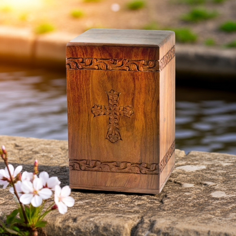 Adult Cremation Urn For Human Ashes - Solid Rosewood Cremation Urn With Cross Design - Wood Urn, Handmade, Adult - 240 cu. in.