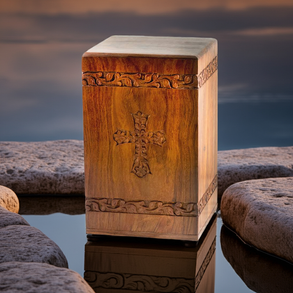 Adult Cremation Urn For Human Ashes - Solid Rosewood Cremation Urn With Cross Design - Wood Urn, Handmade, Adult - 240 cu. in.