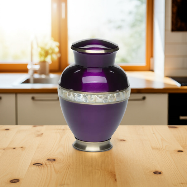 Adult Cremation Urn For Human Ashes - Deep Purple Brass Cremation Urn With Mother of Pearl Band - Adult Size - Deep Purple - 200 cu. in.