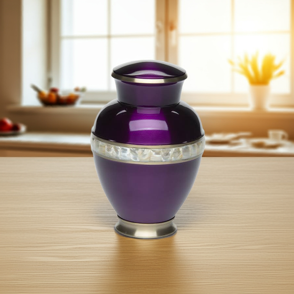 Adult Cremation Urn For Human Ashes - Deep Purple Brass Cremation Urn With Mother of Pearl Band - Adult Size - Deep Purple - 200 cu. in.