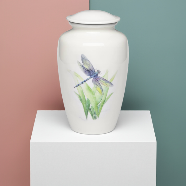 Adult Cremation Urn For Human Ashes - White Cremation Urn With Dragonfly Design - Adult Size - White - 220 cu. in.