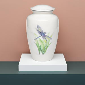 Adult Cremation Urn For Human Ashes - White Cremation Urn With Dragonfly Design - Adult Size - White - 220 cu. in.