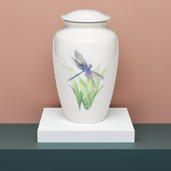 Adult Cremation Urn For Human Ashes - White Cremation Urn With Dragonfly Design - Adult Size - White - 220 cu. in.