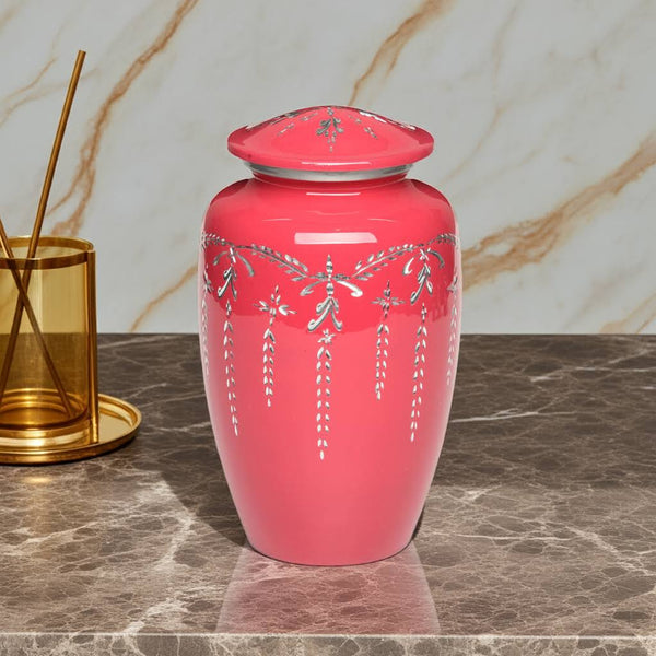 Peony Pink Coral Alloy Cremation Urn For Adult Ashes - Urn with Diamond Cut Design - Adult Size - Pink Urn for Adult Ashes - Urns for Human Ashes - Funeral Urns - 200 cu. in.
